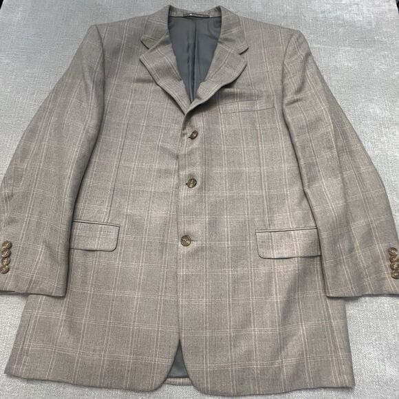Hickey Freeman Other - Hickey Freeman Madison Mens Beige Windowpane Cashmere Silk Sport Coat 46R